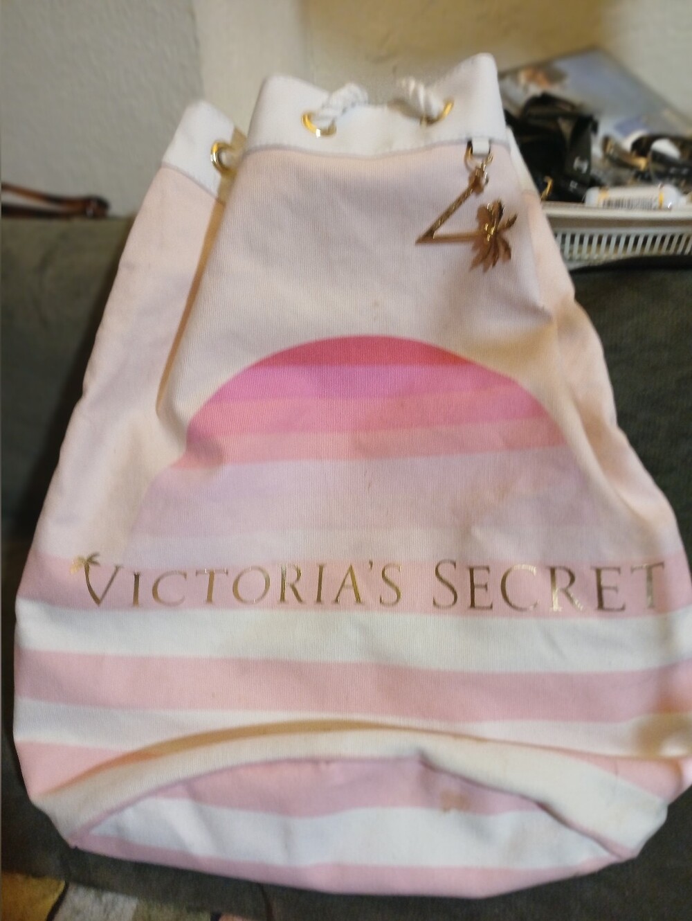 Victoria's Secret Pink & White Striped Drawstring Bag